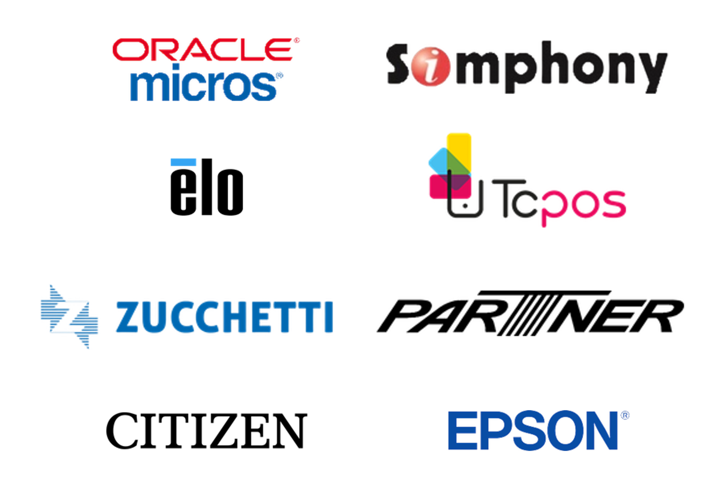 Trusted technologies: Oracle Micros, Simphony, TCPOS, Partner, Elo, Zucchetti, Citizen, Epson
