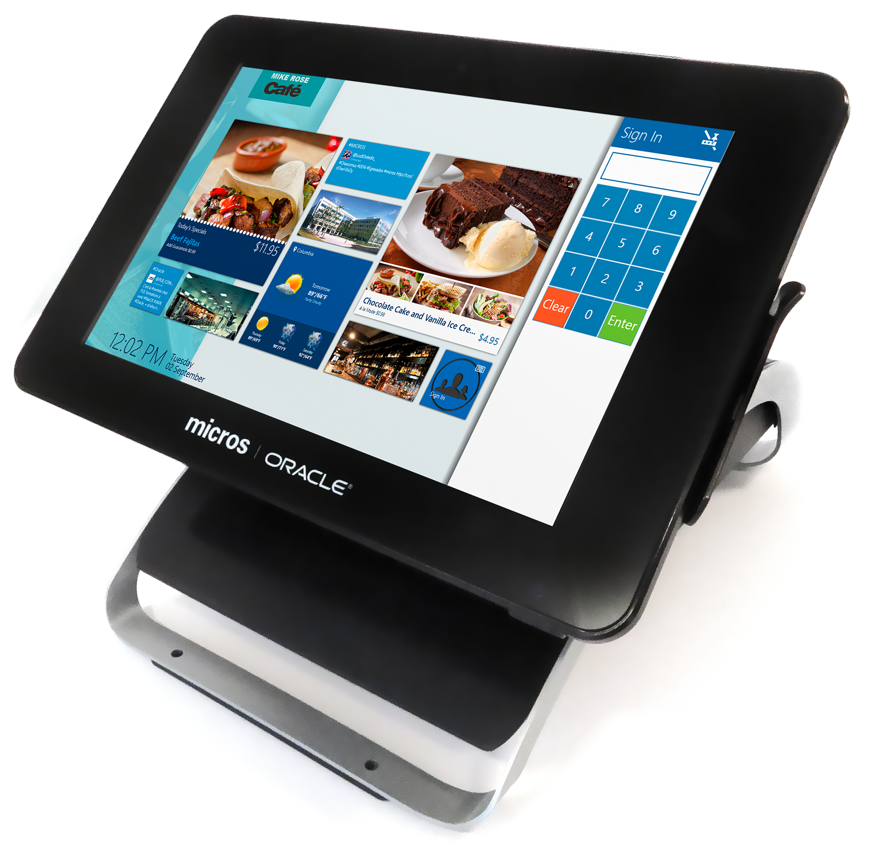 Oracle MICROS Compact Workstation 3 wireless POS terminal on a stand