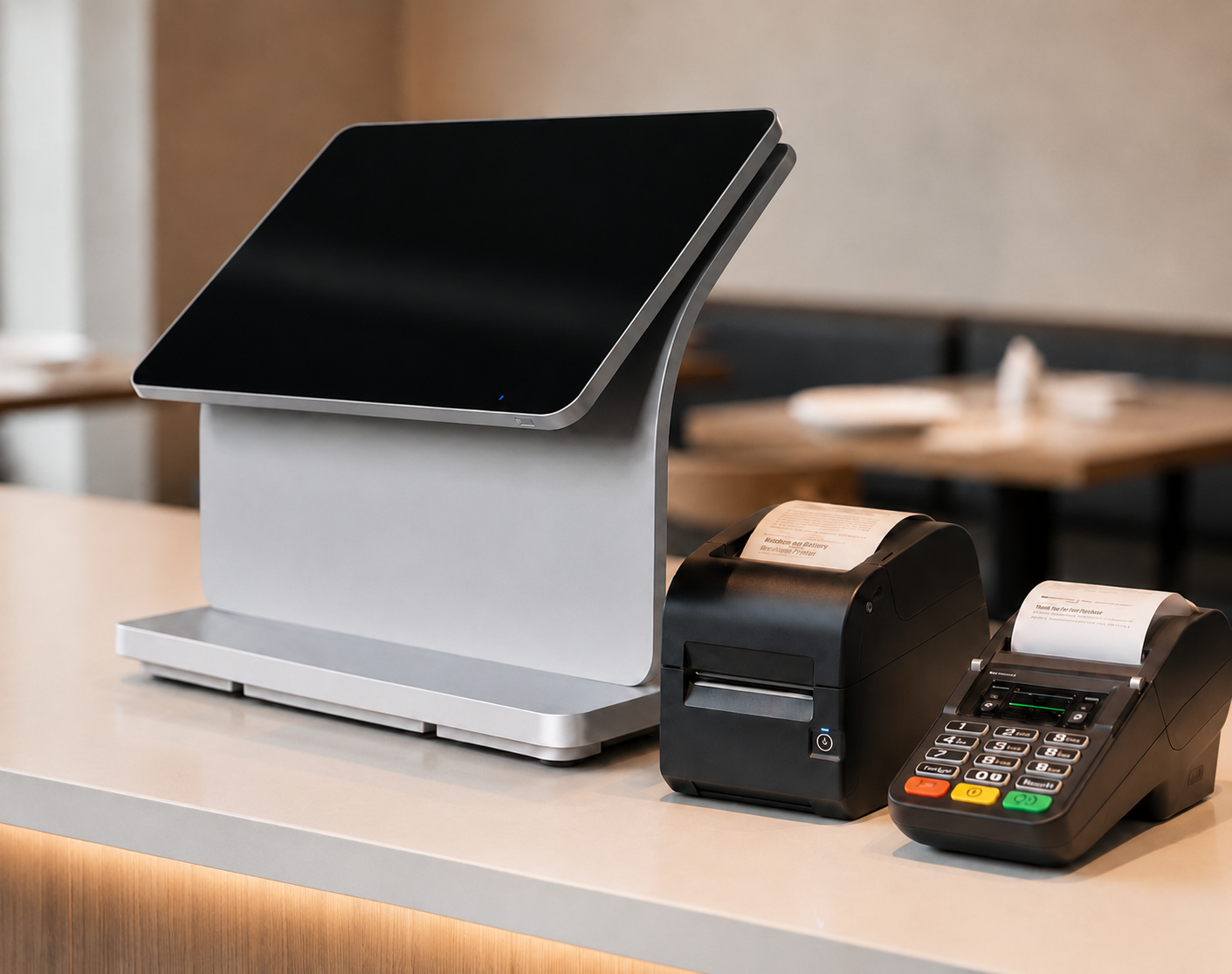 Oracle Micros POS workstation hardware setup with customer display, printer and payment terminal