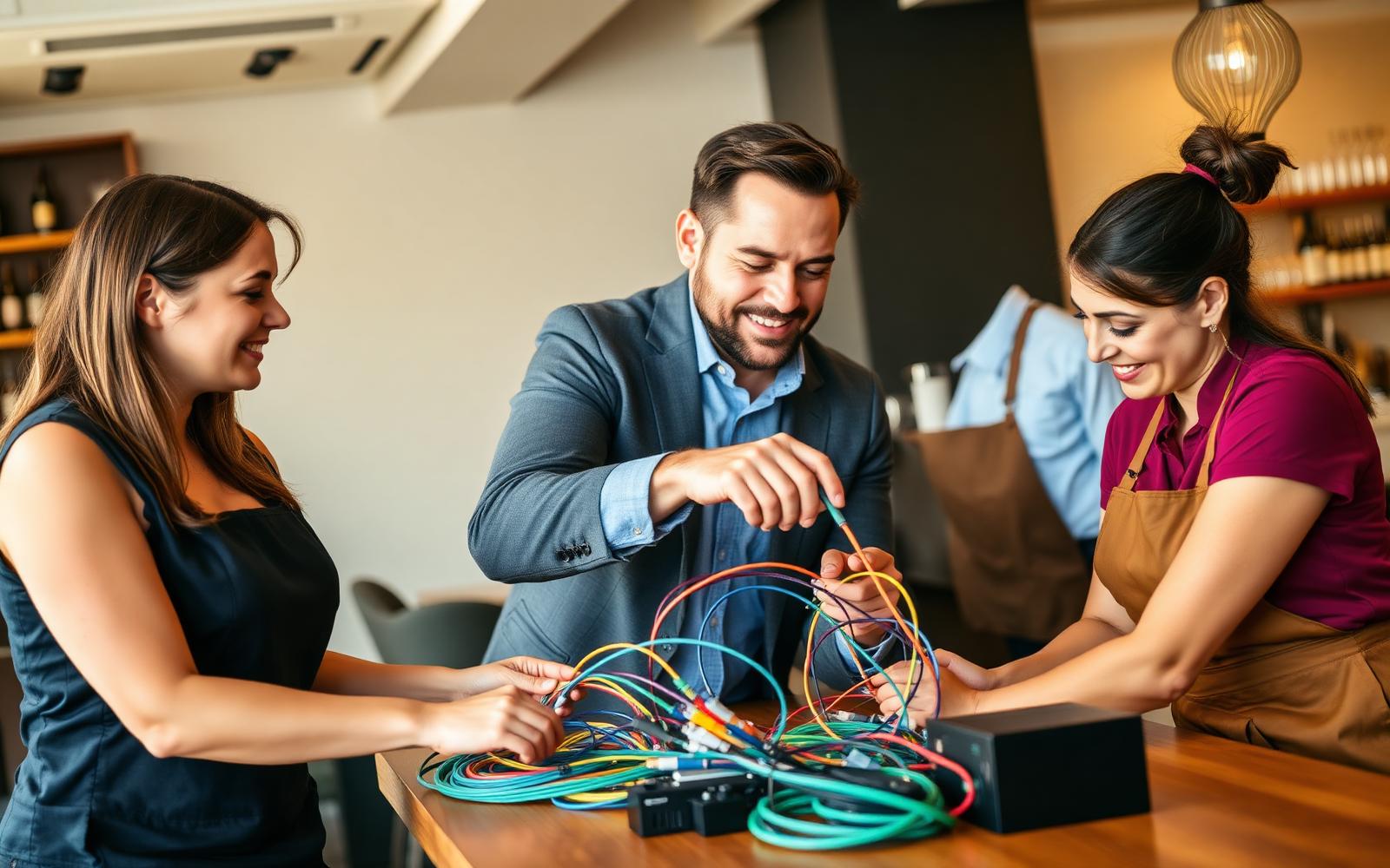 Hospitality team collaboratively organising coloured cables with a supportive IT consultant